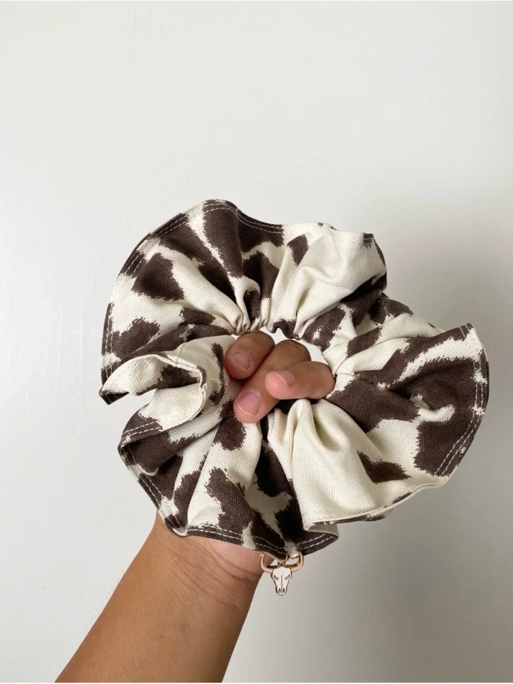 Cream & Brown Cow cotton canvas XL Scrunchie with Bull Charm